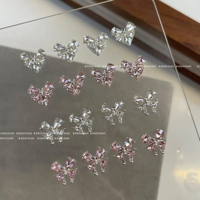 Kaniu 10pcs Luxury 3D Heart  Butterfly Zircon Nail Charms Shiny Pink Clear Crystal Rhinestones Nail Art Decoration Manicure