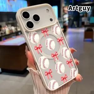 Magnetic Phone Case for iphone 17 Pro Max 16 Plus 15 14 13 12 11 XR Air E Baseball Bow Tie Hard Acrylic Back Soft TPU Edge Four Corners Bumper Shockproof Cover Shell Gift for Girl