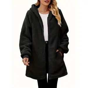 Women’s Autumn–Winter Loose Plush Hooded Long-Sleeve Zip-Up Cardigan, Warm and Comfortable Outerwear, Casual Fashion Jacket for Ladies