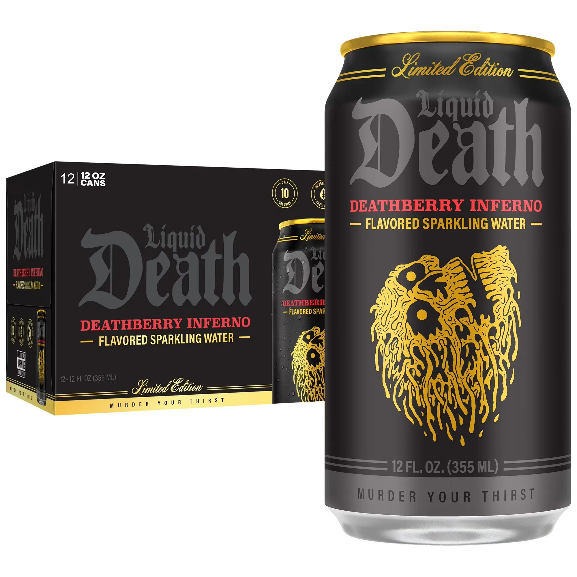 Liquid Death Soda-Flavored Sparkling Water - Deathberry Inferno  (Strawberry, Lime, Ghost Pepper), Less Sugar*, Huge Flavor, No Caffeine, No Artificial Sweeteners, 12 Fl Oz
