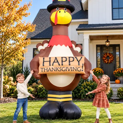 12FT Giant Polyester Inflatable Thanksgiving Turkey Decoration - Plug-Powered, LED Lighted, with Autumn Pilgrim Hat, Festive Home Yard Lawn Outdoor Decor (Thanksgiving Decor)