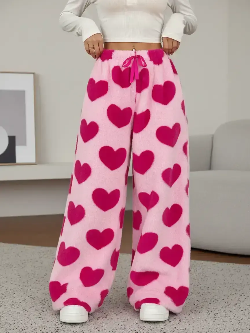 Women's Heart Pattern Faux Fur Wide Leg Pants, Casual Loose Fit, Soft Comfortable Fabric, Fall & Winter Fashion, Home Wear