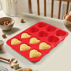 12-Hole Silicone Baking Tray, Non-Stick Heat-Resistant Cupcake Molds, Essential Kitchen Tool for Bakers, Durable Silicone Cake Pan, Silicone Heart Shaped