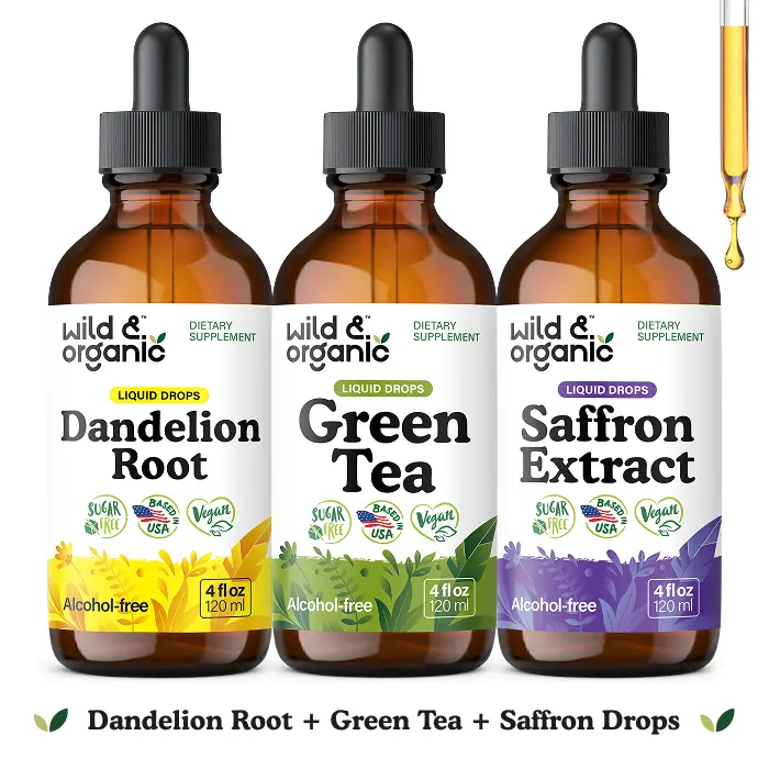 Wild & Organic Daily Vitality & Glow Bundle - Dandelion Root and Green Tea for Liver and Antioxidant Support, Saffron Drops for Mood Balance - Vegan, Sugar & Alcohol-Free Drops