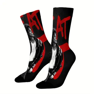Mid-calf socks, black and white with music star figures and red graffiti background, durable, unisex, perfect for fans, holiday gifts, and birthday presents.