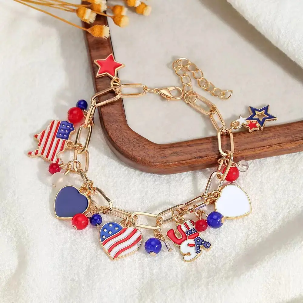 4th of July Patriotic Charm Bracelet for Women Girls, Red White Blue USA Flag Star Heart Enamel Jewelry with Adjustable Gold Chain, Stackable Americana Festival Accessory for Memorial Day & Summer Outfits