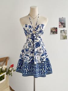 DealsForYouDays Summer Floral Halter Flowy A Line Dress Cut Out Smocked High Waisted Short Vacation Dress Sundresses