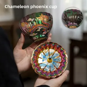 Handmade Chameleon Phoenix Fairy Cup with Colorful Inlay, Gold Lotus, Golden Celestial Eye, Silver Lotus Cup, Japanese Style Painting Drinking Tea Cup Teacup Drinkware Aesthetic