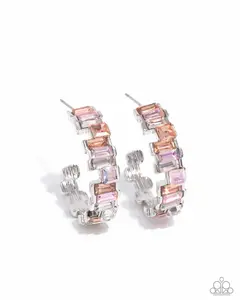 Fashionably Framed - Orange 1" Hoop Earrings, Orange and Multicolored Shades of Emerald-cut Gems in Silver Frames Stack Around a Hoop