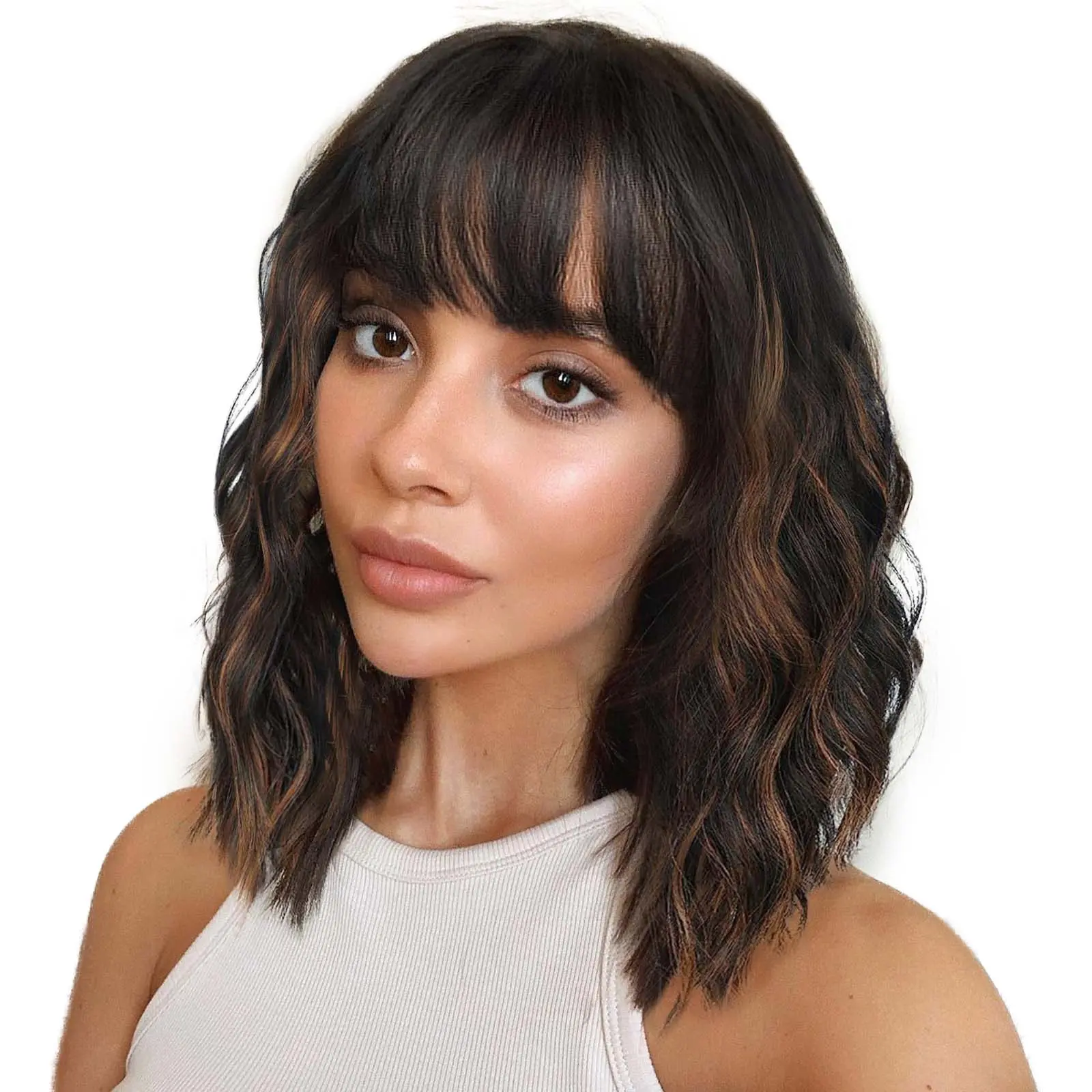 AISI HAIR Women's Handmade Short Wavy Bob Wig with Bangs, Black Mixed Brown Heat-Resistant Synthetic Hair, 21.25-22.25 in Adjustable Cap with Straps, Handmade Wig Fluffy Wigs Auburn Wig