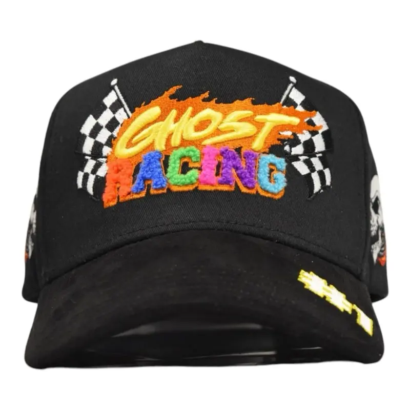 GHOST RACING Cap with Colorful Graphic Design and Checkered Pattern, Black Color, Adjustable Fit