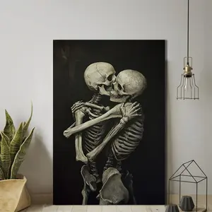 1pc Classic Gothic Skull Embrace Canvas Poster, Frameless Artistic Love Theme Wall Art, Bedroom, Living Room, Kitchen, Dormitory Decoration, Indoor Canvas Print