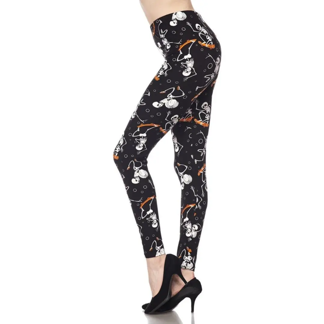 Wholesale Buttery Smooth Skateboarding Skeletons Plus Size Leggings - 3X - 5X - Stretchy Elastic Waist Full Length Comfortable Skeleton Legging