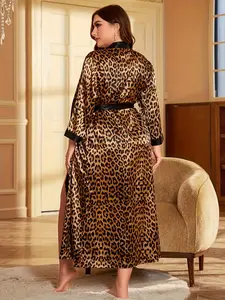 Large Size Satin Comfortable Sexy Elegant Party Casual Leopard Print Long Waist Belt Bathrobe Sleepwear Home Robe