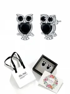 Silver Feather Black Crystal Owl Studs Original owl earrings with 925 sterling silver needles, hypoallergenic & elegant.With an exquisite drawer-style jewelry box.Ideal for birthdays, Mother's Day, Valentine's Day, Christmas and anniversaries.
