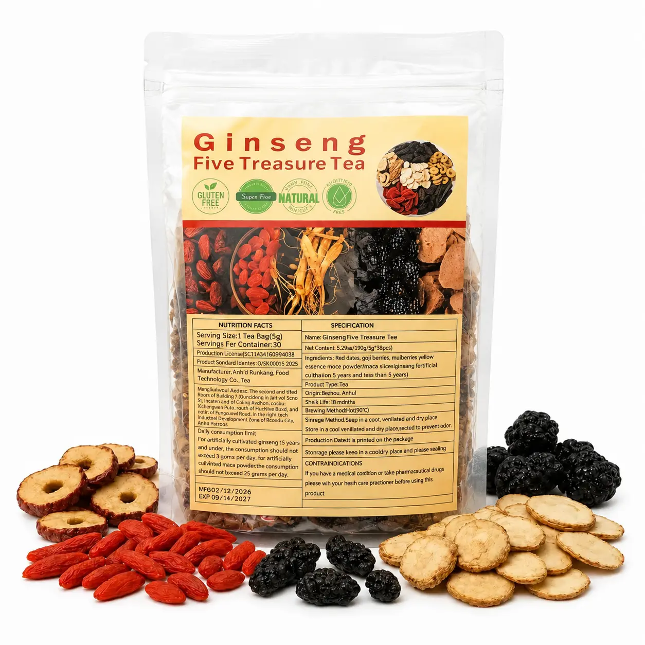 Ginseng 6-Treasure Herbal Tea Bags, 90-Count Traditional Kidney Cleansing Detox Beverage with Red Date, Wolfberry & Mulberry, Health Tea for Men & Women, Ginseng Drink