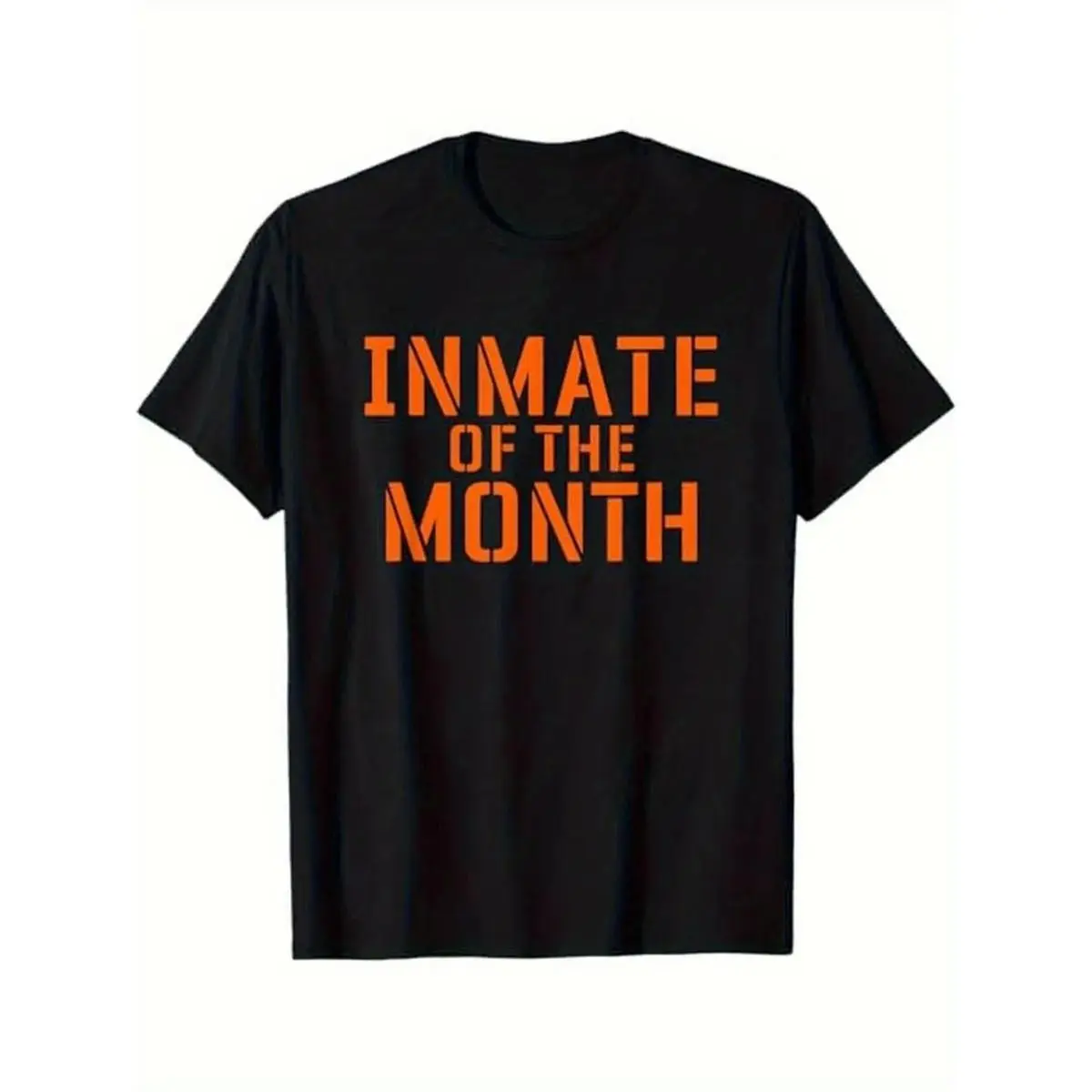 Inmate of The Month Prison Jail Funny Halloween Costume T-Shirt - 100%, Black with Orange Text, Regular Fit Short Sleeve, S-XXXL Sizes, Perfect Gift for Men, Women, Dad,