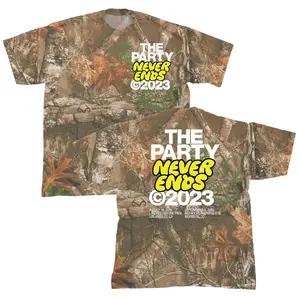 The Party Never Ends Realtree Camo T-Shirt, Festival Graphic Tee, Campfire Nightlife Outfit, Casual Outdoor Streetwear Style, Spooky Season Gear