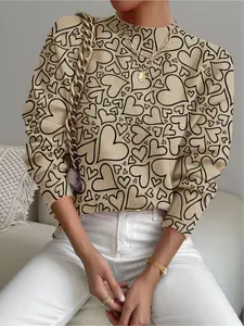 Women's Heart Print Stand Collar Sweater, Fall Winter Casual Long Sleeve Knitwear, Comfortable Warm Fitted Top for Daily Wear