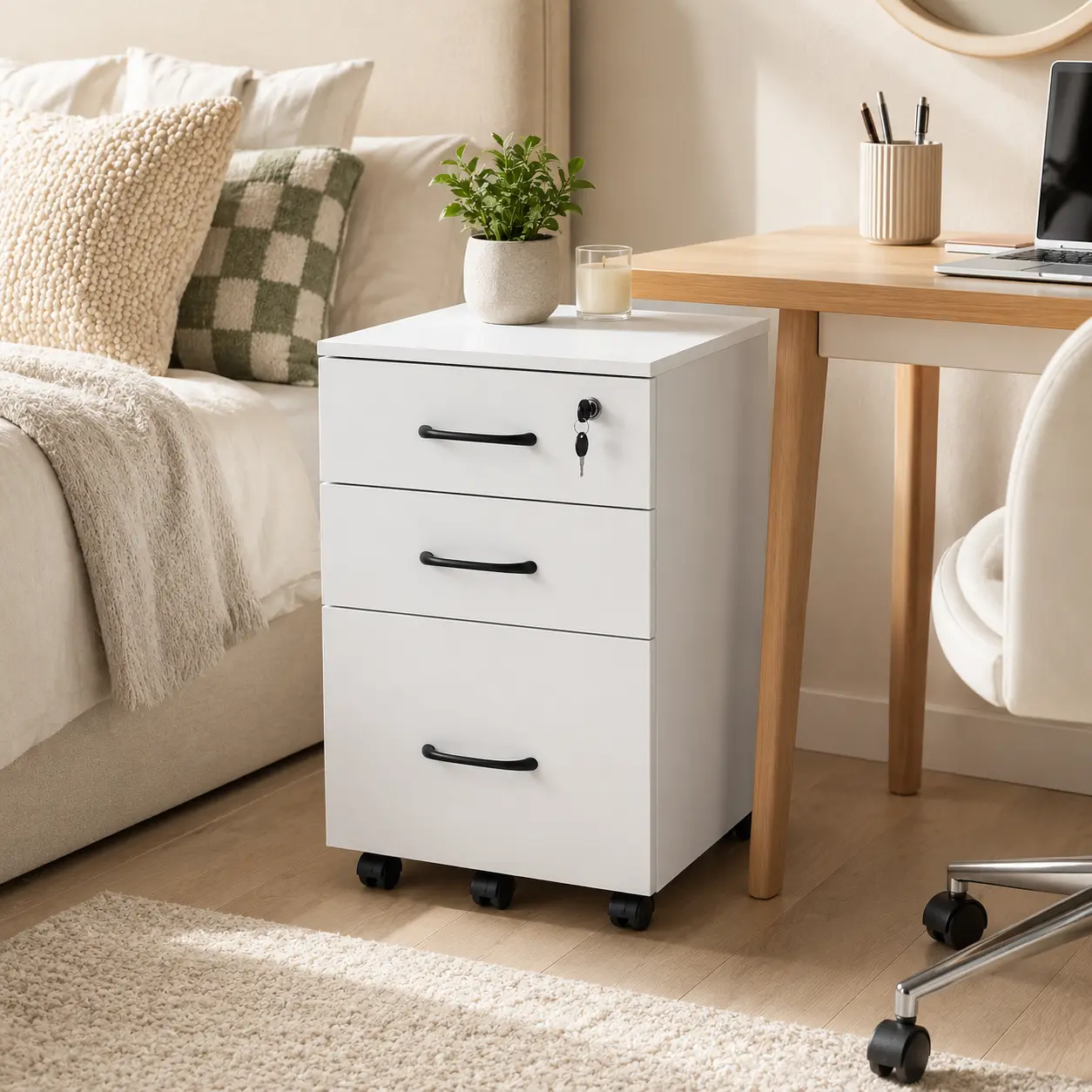 Modern 3-Drawer Lockable Wood Rolling Filing Cabinet with Casters, Adjustable Specialty Office Furniture, Under-Desk Home Office Storage, Mobile Printer Stand Fits Letter/A4 Sizes