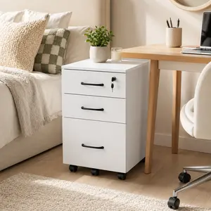 Lockable Drawers 3-Drawer Wood Rolling File Cabinet, Under-Desk Office Storage for Home Office, Fits Letter/A4 Sizes, Mobile Printer Stand