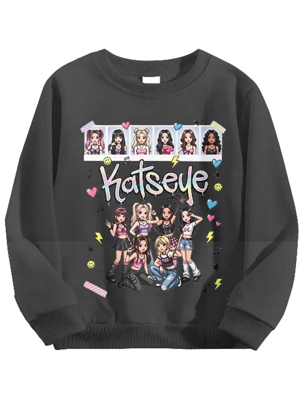 Katseye Music Group Kids' Crew Neck Long Sleeve Sweatshirt, Soft Fabric, Size 90-130, Casual Daily Fan Apparel, Sports Outerwear