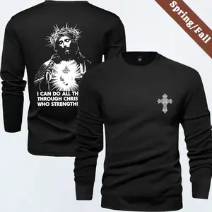 Men's Fashion Long Sleeve T-Shirt American Street Jesus Cross Letter Print Style Suitable for All Seasons Outdoor Sports and Exercise Wear Athletic T-Shirt Perfect Gift for Boyfriend Stylish Long T-Shirt