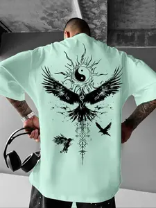 Men's Summer New Fashion Feather Pattern Loose Fit Round Neck Short Sleeve T-Shirt, Soft Polyester Blend Fabric, Ideal for Outdoor Sports