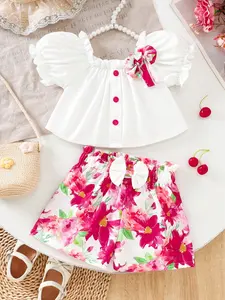 Cute Baby Girls Puff Sleeve Bow Top with Printed Shorts Set, Perfect Spring Summer for Outdoor Play, Toddler Clothing Set