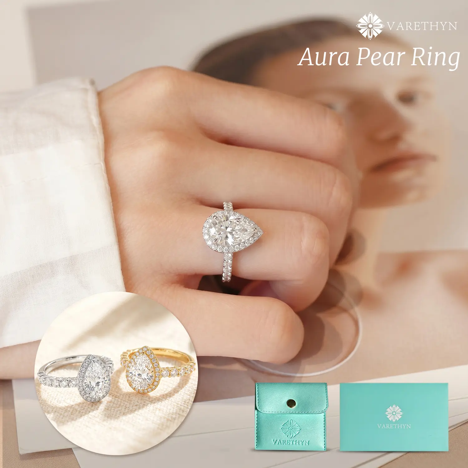 Vintage Pear Cut Halo Engagement Ring for Women, Elegant Glittering 3.5CT Eco Diamond Teardrop Bridal Promise Ring with a Pavé Band, Elegant Glittering Ring, Teardrop Bridal Rings