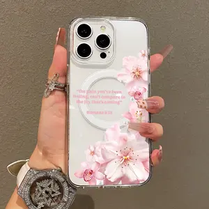 Soft Girl Magnetic Case for iPhone11/12/13/14/15/16/17/promax, Pink Floral Faith Quote Lightweight, Drop-Proof, MagSafe Compatible | Perfect for Teen Girls