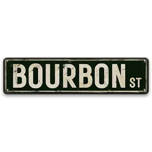 Bourbon Street Road Metal Sign, 1 Count Vintage Alcohol Tin Plaque, Wall Art Decor Poster for Home Bar Pub Club Office