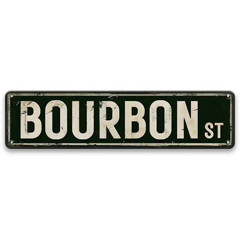 Bourbon Street Road Metal Sign, 1 Count Vintage Alcohol Tin Plaque, Wall Art Decor Poster for Home Bar Pub Club Office