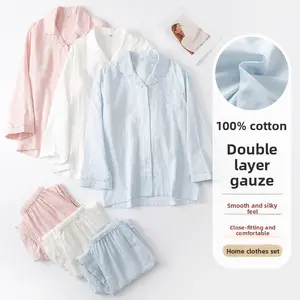 Double Layer Gauze Cotton Pajamas French Style High-Quality Women's Long Sleeve Lapel Set Breathable Simple Cotton Homewea Pyjamas christmas pajamas