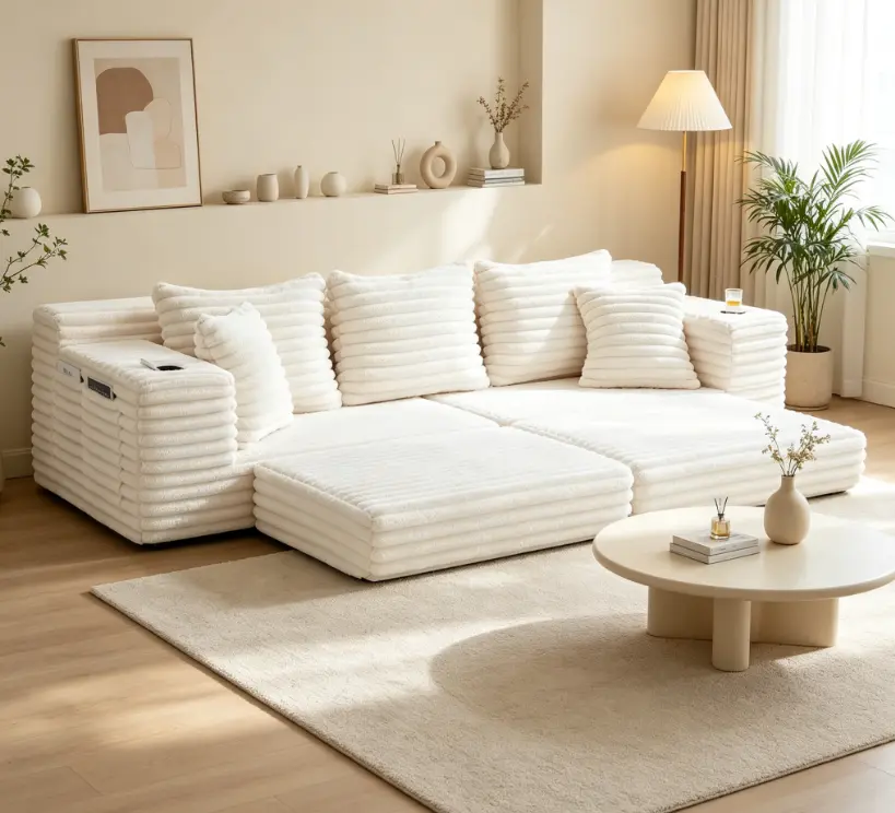 Oversized Corduroy Boneless Futon Sofa Bed - 4-Seat Cloud Couch with Cup Holder, Side Pockets, 3 Pillows, 2 Lumbar Pillows for Living Room, Bedroom Indoor Furniture