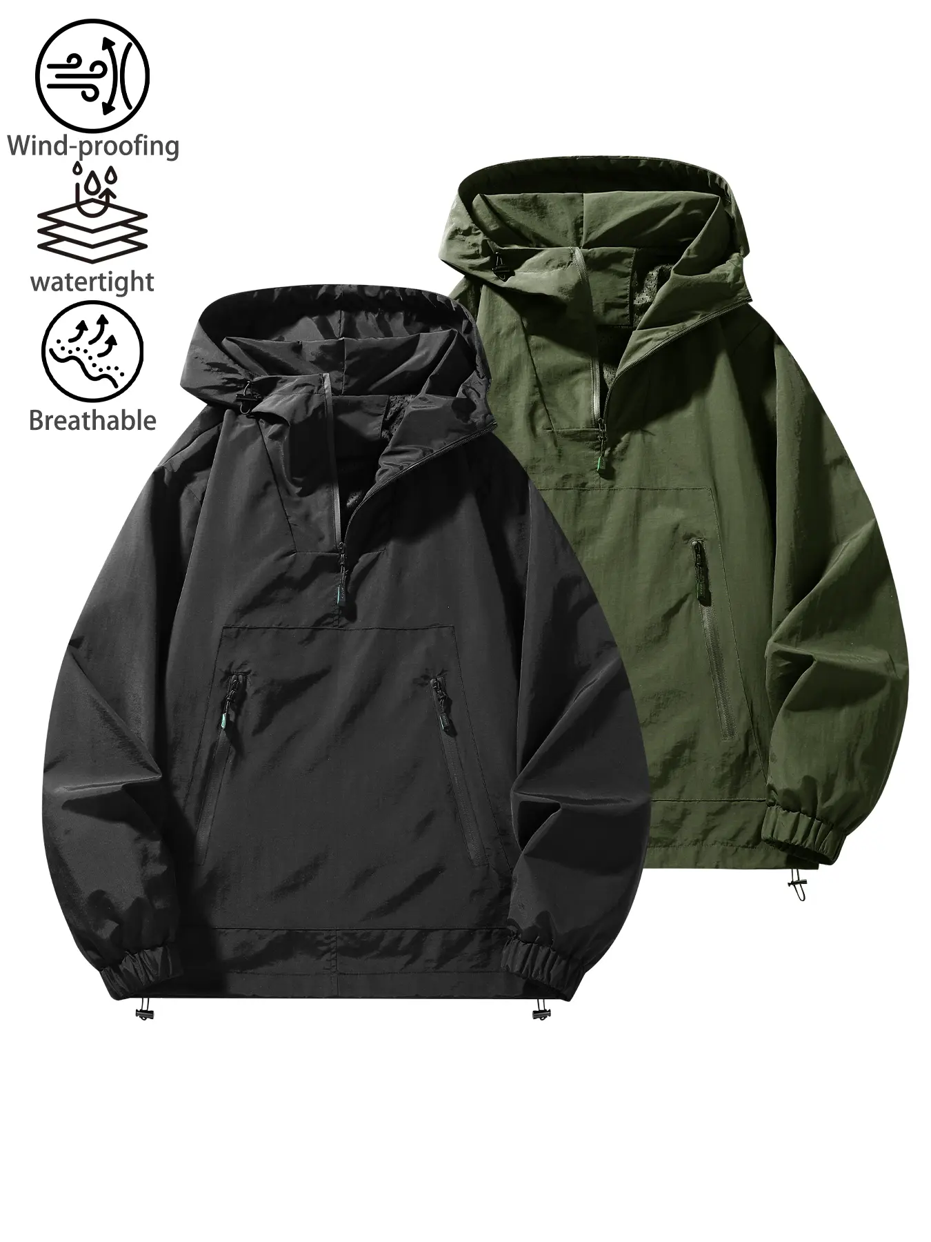 Men's Watertight Weatherproof Half-Zip Anorak Jacket - Pullover Hooded Outdoor Fashion Windbreaker, Zip Pockets, Drawstring Hem, Elastic Cuffs, Loose Fit Hiking/Camping Outerwear, Functional Streetwear for Fall Adventures, Weatherproof Men's Lightweight J
