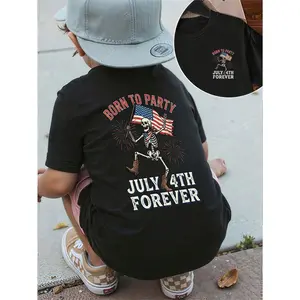 Kids 4th of July Skeleton American Flag Print Short Sleeve T-Shirt, Casual Summer Patriotic Independence Day Crew Neck Tee for Boys Girls Holiday Party Outdoor Wear