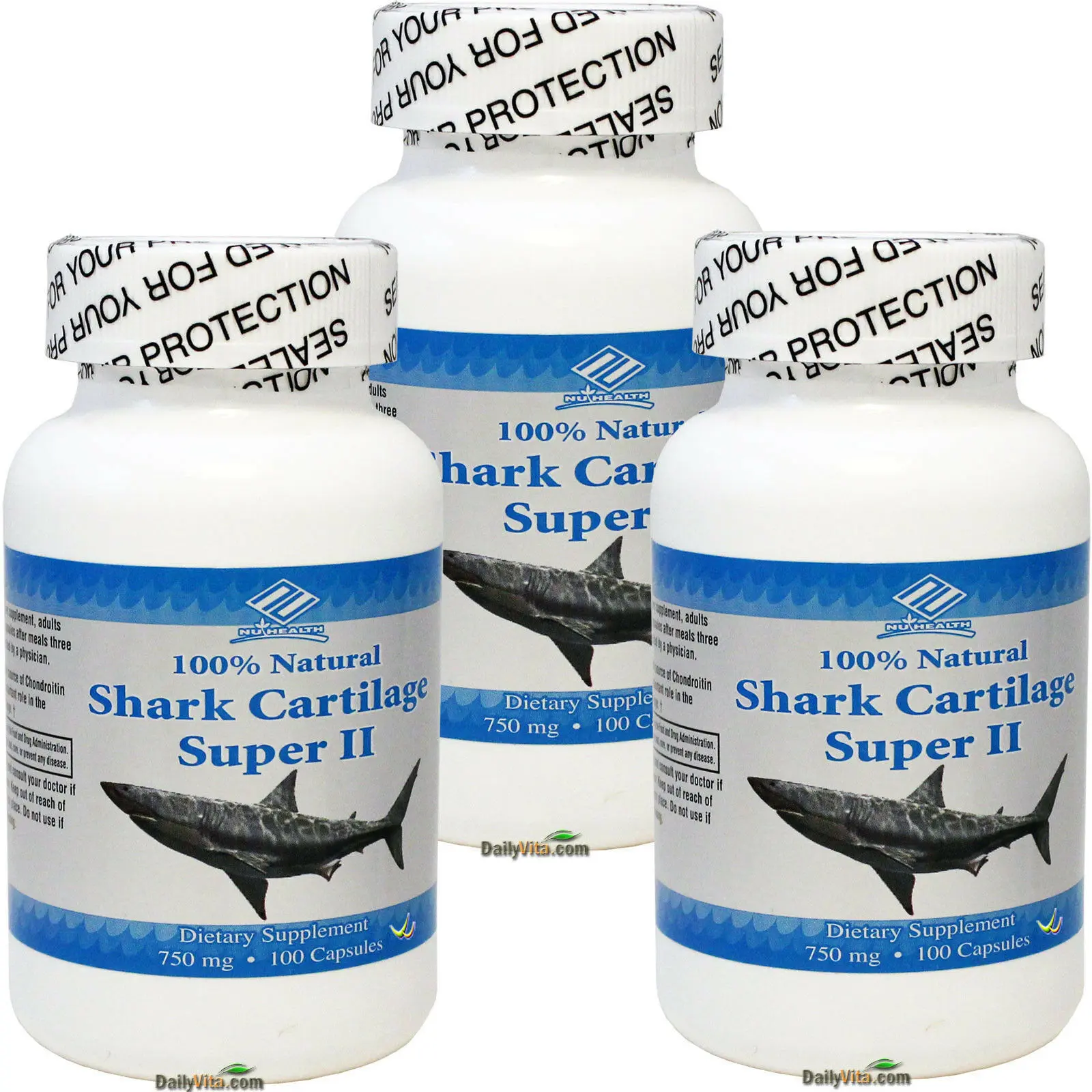 3 x 100% Natural Shark Cartilage 750 mg 100 Caps Total 300 caps