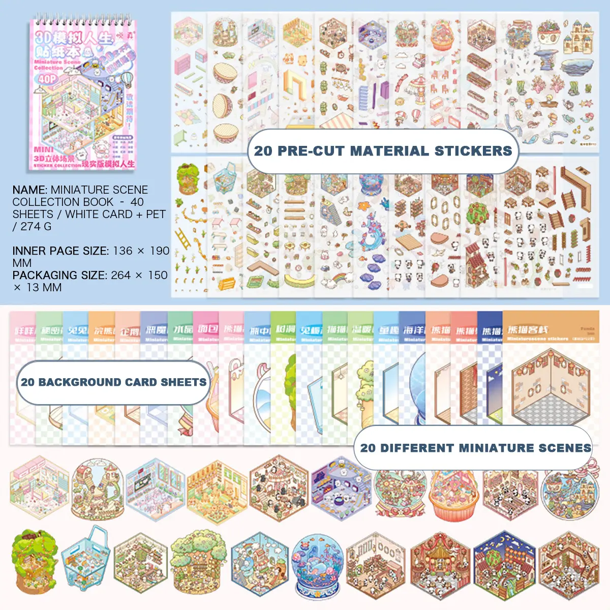 Miniature Scene Sticker Book, 20 Sets of 3D DIY Stickers for Scrapbooking & Journal Making. Includes Tweezers, Cute Cartoon Creative Scenes for DIY Decals.