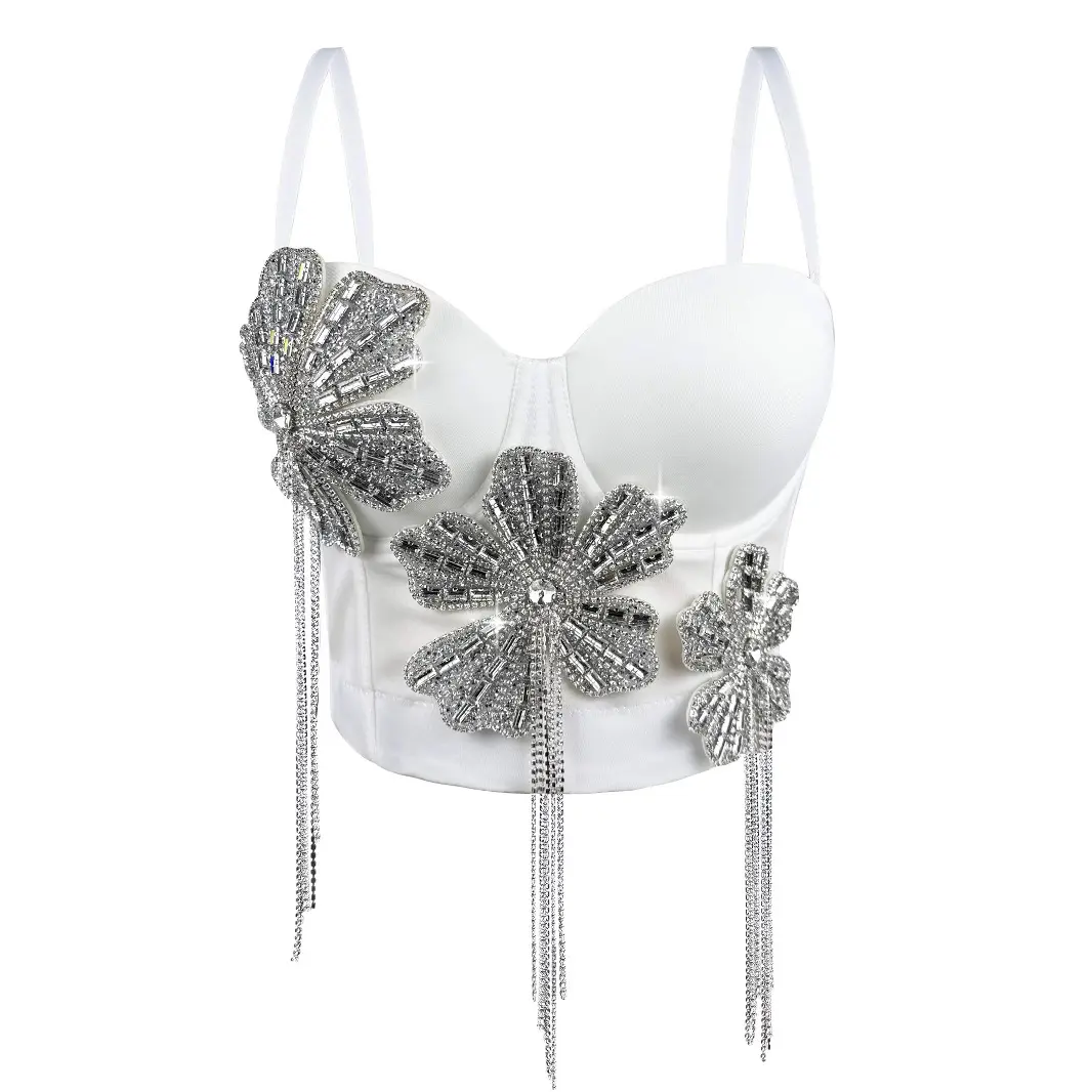 Rhinestone Corset Top for Lady, Sexy Sleeveless Fishbone Bustier with Beaded Tassels for Party & Rave Outfits