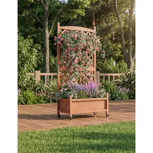 Garvee Raised Garden Bed on Wheels, Elevated Raised Wood Planter Box with Legs, Elevated Garden Bed for Vegetables, Standing Garden Container for Backyard, Patio (1 Pcs With Wheels and Trellis)