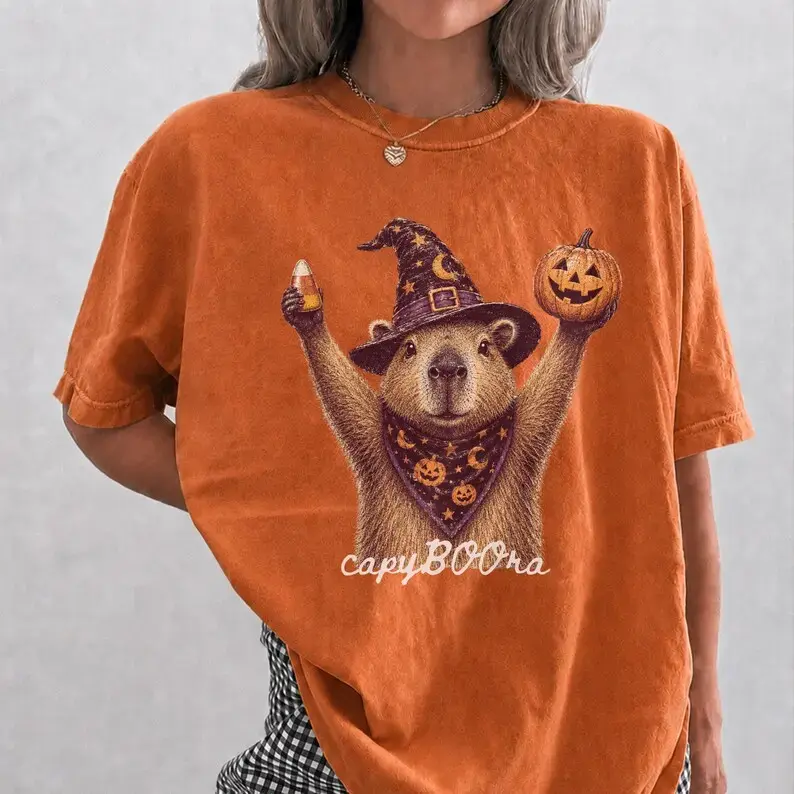 CapyBOOra Comfort Colors Shirt, Cute Halloween Capybara Graphic Tee, Funny Witch Capybara T-Shirt, Spooky Season Fall Apparel