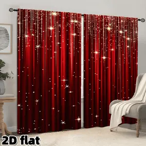 2D Flat 2Pcs Elegant Red Velvet Curtains with Sparkling Star Pattern, Semi Sunshade Rod Pocket Design, Romantic Light Blocking for Living Room Bedroom Window Treatment, Christmas Festive Decor, Privacy Protection, Home Decoration Curtain
