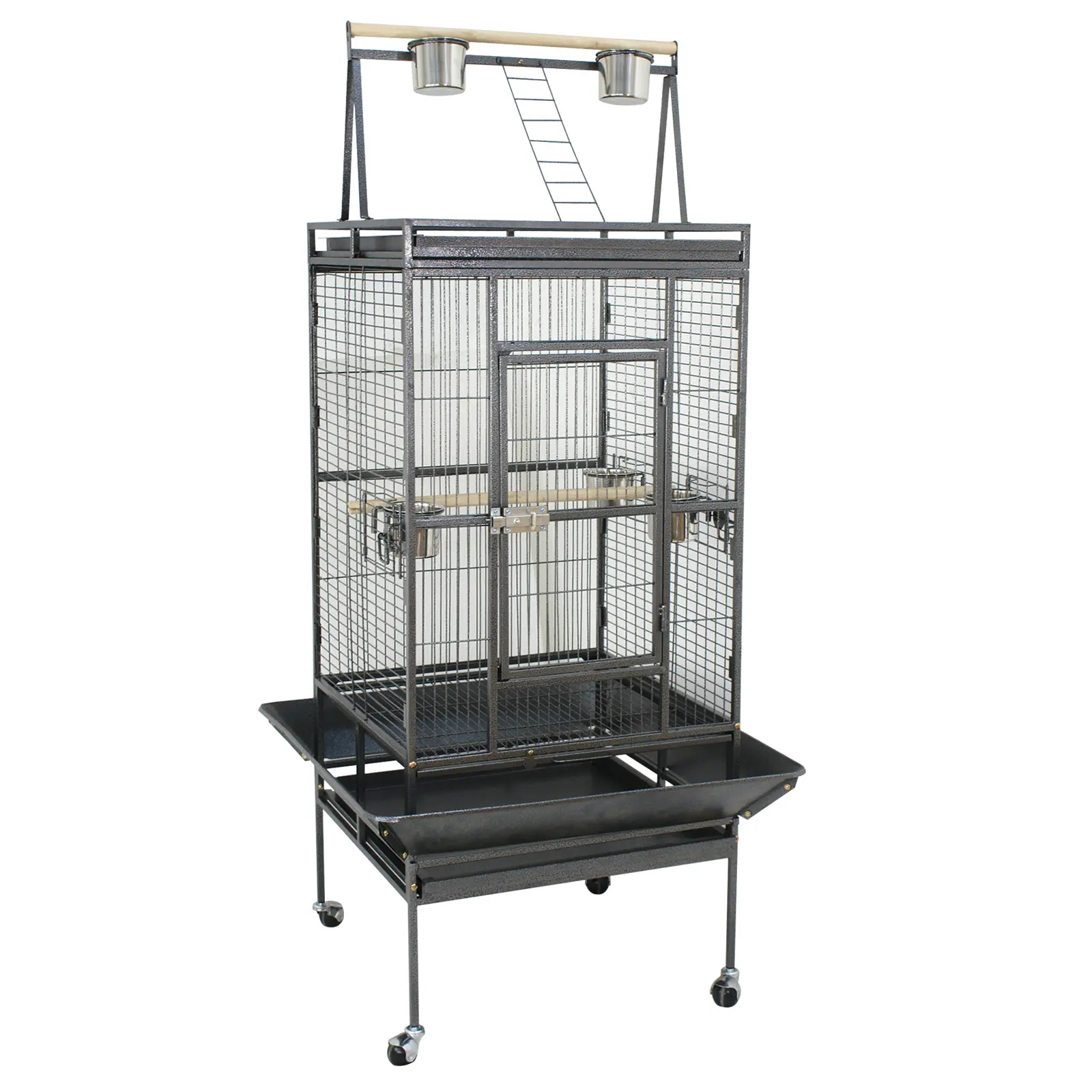 Segawe 68-in Tall Iron Parakeet Cage - 2-in-1 Playtop Roof, Rolling Stand, Stainless Steel Bowls, Wood Accent - For Small to Medium Parrots, Cockatiels, Parakeet Cages