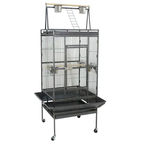 Segawe Wrought Iron Bird Cage - 68-in Tall Parakeet Cage for Small/Medium Parrots, 2-in-1 Playtop Roof, 4-Wheel Rolling Stand, 5 Steel Bowls, Wood Accent, 21.3-in Door, 31.1-in L x 29-in W, 44lbs, with Accessory