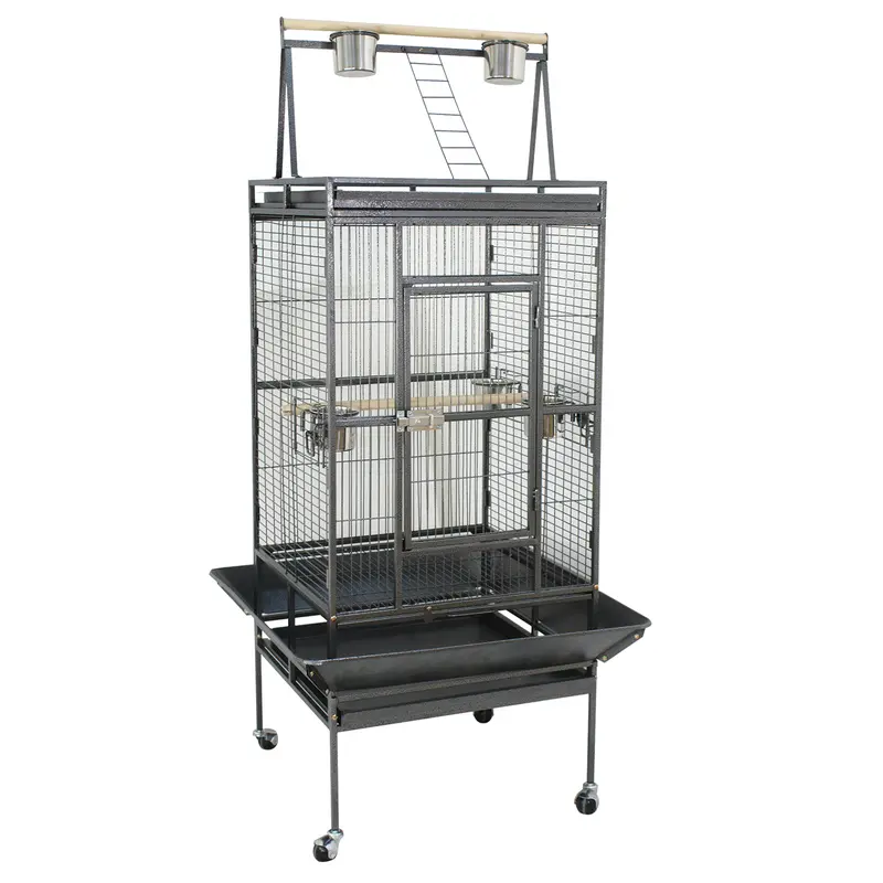 Segawe Wrought Iron Bird Cage - 68-in Tall Parakeet Cage for Small/Medium Parrots, 2-in-1 Playtop Roof, 4-Wheel Rolling Stand, 5 Steel Bowls, Wood Accent, 21.3-in Door, 31.1-in L x 29-in W, 44lbs, with Accessory
