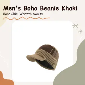 Men's Knitted Sport Beanie Khaki Embroidered Logo Plush Lined Brim Boho Style Hat for Daily Wear & Cold Weather
