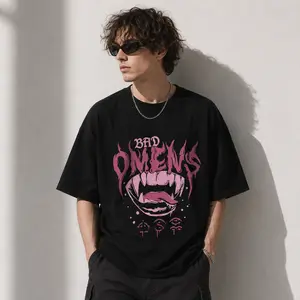 Men's Metalcore Font Vampire Fangs Graphic Tee, Retro Gothic Grunge Apparel, Casual Black & White Tops