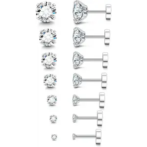 Women Flat-back Stud Earrings for Sensitive Ears Men Silver Stainless Steel Surgical Steel Cartilage Cube Zirconium Snails Earrings