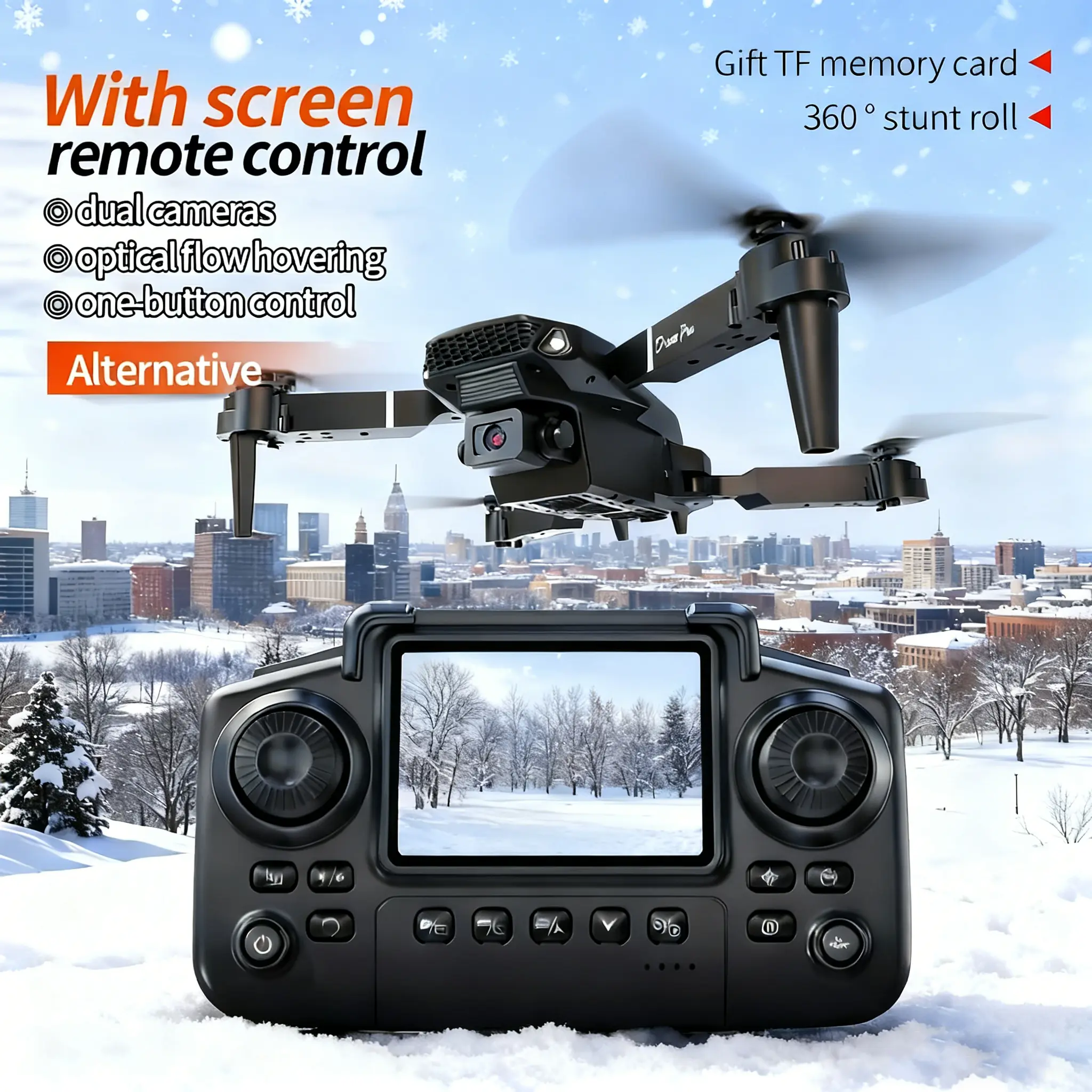 E88 Drone Pro Quadcopter with Screen Remote Control, Dual Cameras, Optical Flow Hovering, 1-Button Control, 360° Stunt Roll, Free TF Memory Card (Ideal for Gifting)